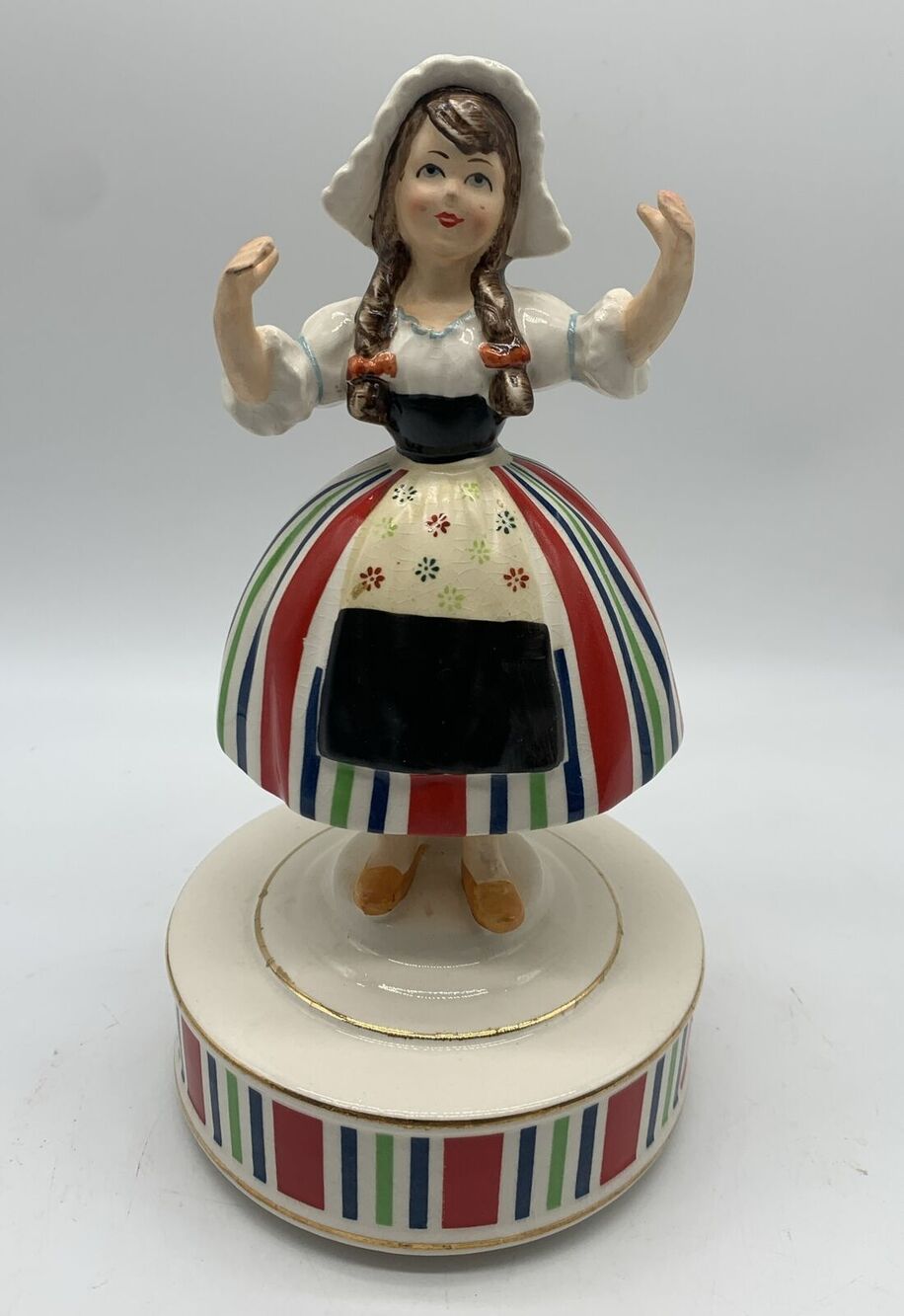 Vtg Schmid Dutch Girl Musical Figurine Tip To Through The Tulips Plays Crazing